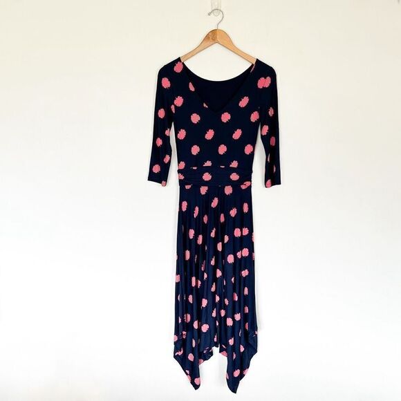 Boden Maisie Matte Navy and Pink All Over Floral Jersey Handkerchief Hem Midi Dr - Picture 3 of 13
